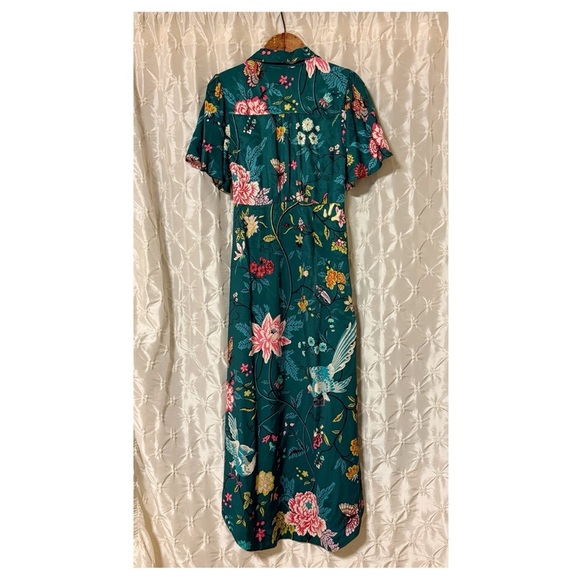 Anthropologie Maeve Green Floral & Bird Print Button-Front Midi Dress Wrap - Picture 3 of 15